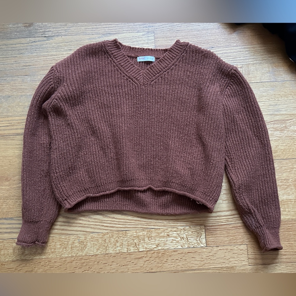 ROMWE Warm Brown V-Neck Cropped Sweater